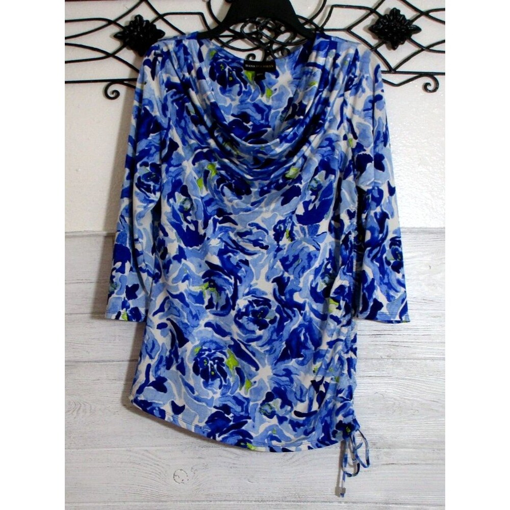 Dana Buchman Knit Women's Top Size L Blue Floral Long Sleeve Cowl Neck